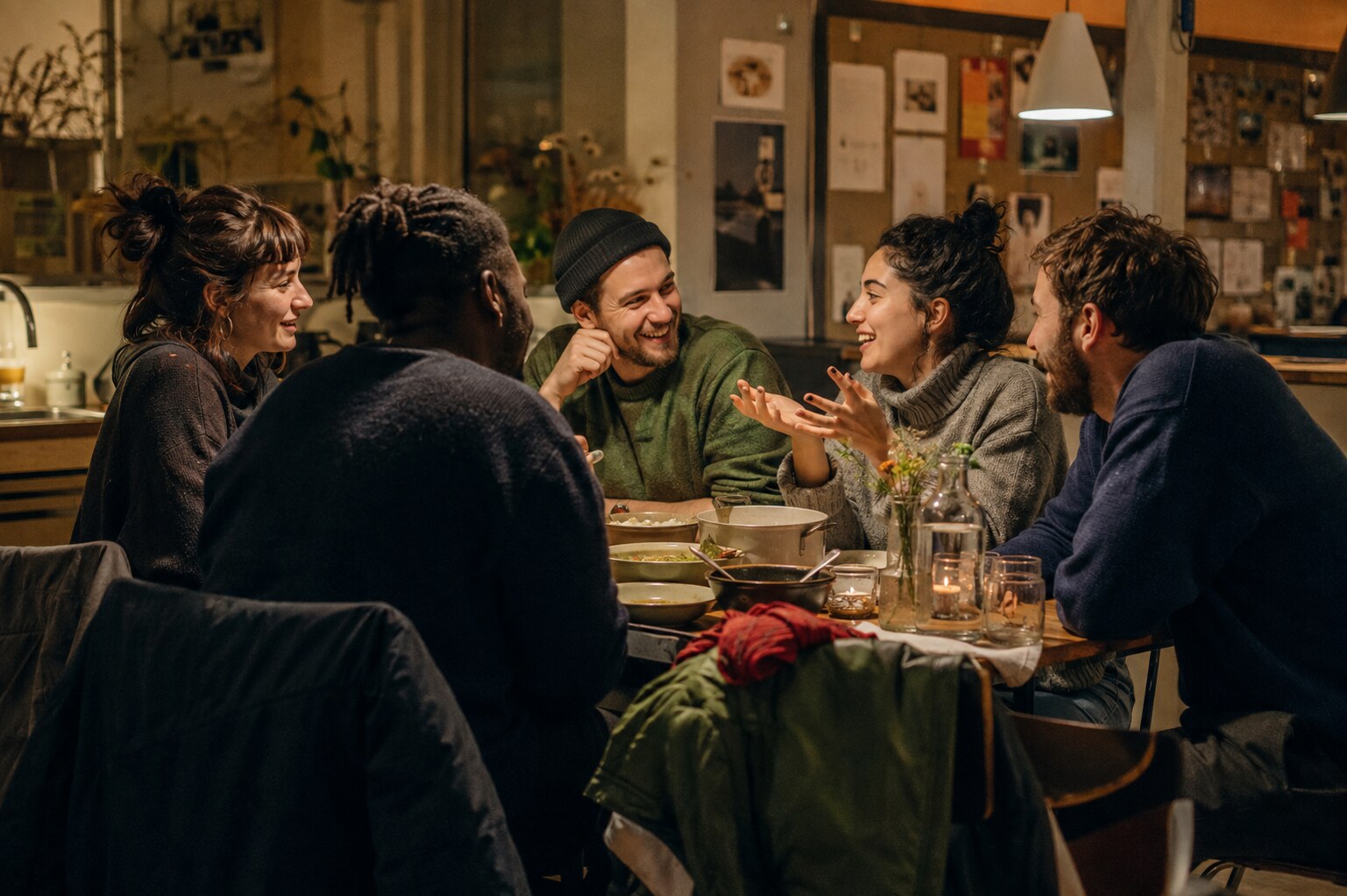 A small community gathering around a table in Happenings campaign artwork